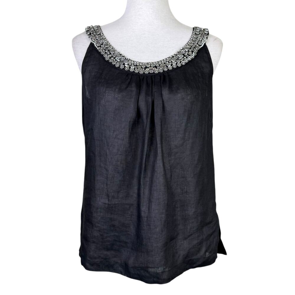 Worth Black Linen Silver Metal Beaded Embellished Sleeveless Top Tank Blouse